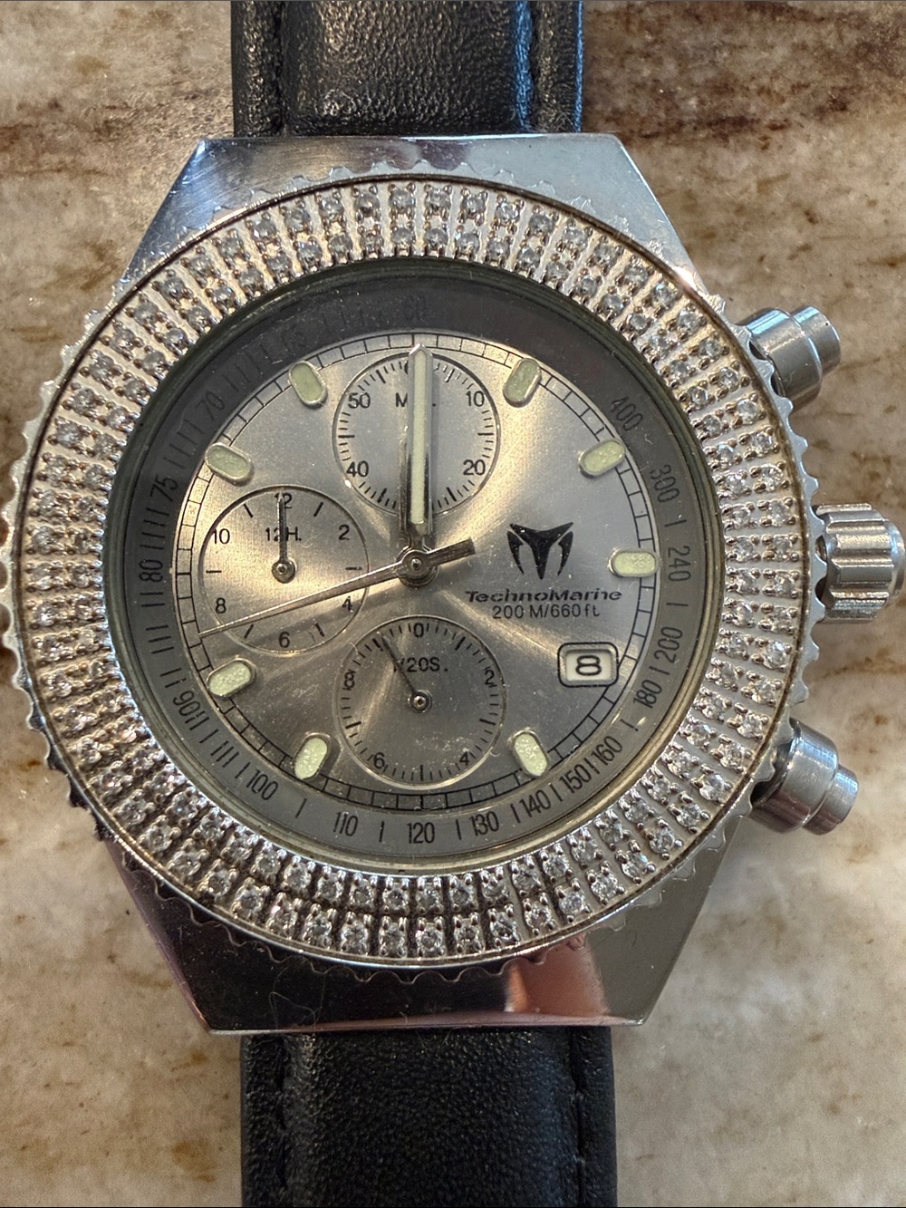 Technomarine Stainless and Diamond Bezel Watch with Black Strap